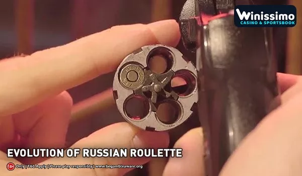 Two men are payling russian roulette game with rotating and